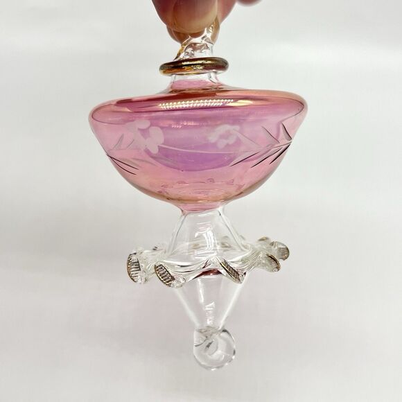 VTG Egyptian Museum Hand Blown Glass Ornament Teardrop 4” Cranberry/Clear Etched - Picture 7 of 12